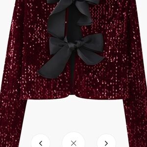 Commense Burgundy Sequin Cardigan with Black Bows